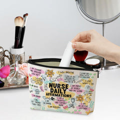 Jeilink Daily Affirmations makeup bag zipper closeup showing durable, easy-clean fabric.