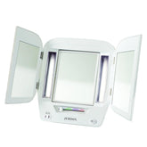 JERDON modern tri-fold makeup mirror with 5x magnification for precise grooming.