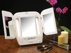 JERDON tri-fold vanity mirror with compact white base fits small spaces.