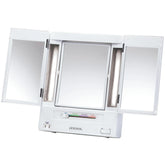 JERDON tri-fold makeup mirror front view with lights for complete makeup checks