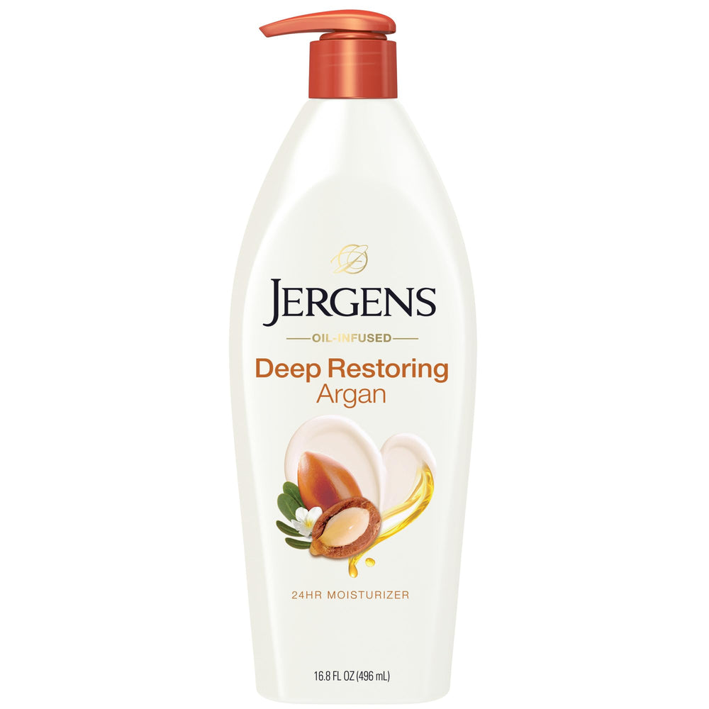 Jergens Deep Restoring Argan Oil Moisturizer bottle demonstrates rich oil infusion for daily hydration.