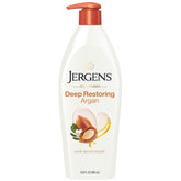 Jergens Deep Restoring Argan Oil Moisturizer bottle demonstrates rich oil infusion for daily hydration.