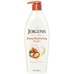 Jergens Deep Restoring Argan Oil Moisturizer bottle demonstrates rich oil infusion for daily hydration.