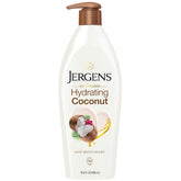 Jergens Hidratante Coco para Cuerpo, botella vertiendo crema para hidratación duradera.