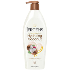 Jergens Hidratante Coco para Cuerpo, botella vertiendo crema para hidratación duradera.