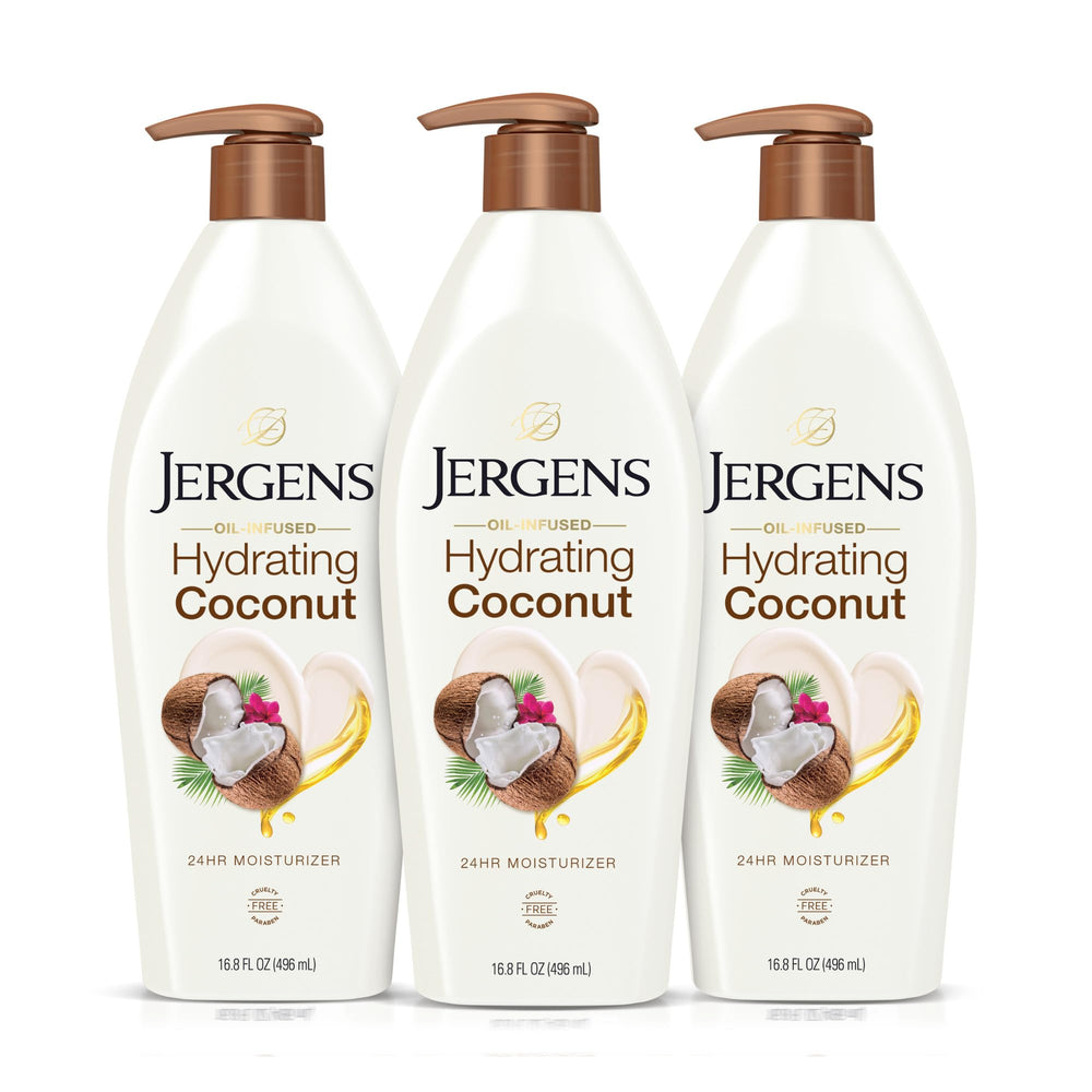 Jergens Hydrating Coconut Body Lotion bottle delivers long-lasting moisture.