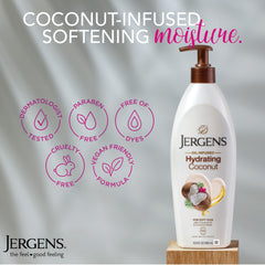 Jergens Hydrating Coconut Hand Lotion applied to the hand for fast nourishment.