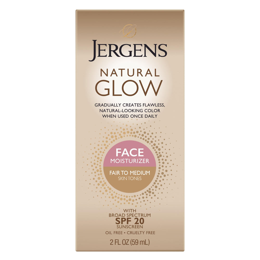 Jergens Natural Glow crema facial frente, tono suave para piel clara.