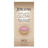 Jergens Natural Glow crema facial frente, tono suave para piel clara.