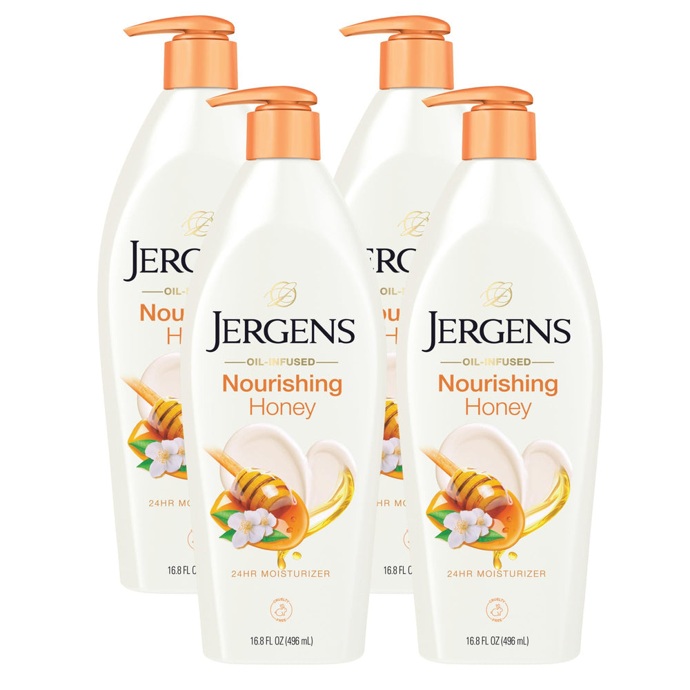 Jergens Nourishing Honey moisturizer bottle delivers rich hydration for dry skin.