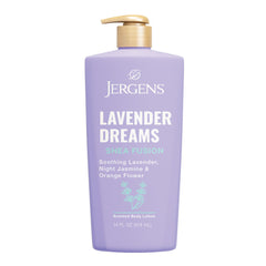 Loción Jergens Shea Fusion Lavanda en botella, aroma relajante para piel suave e hidratada.