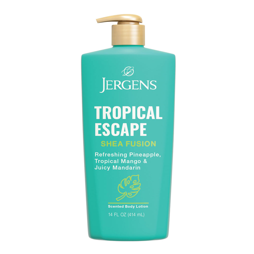 Loción Jergens Shea Fusion Tropical Escape, botella con aroma frutal tropical.