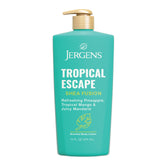 Loción Jergens Shea Fusion Tropical Escape, botella con aroma frutal tropical.