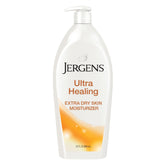 Loción Jergens Ultra Healing vertiendo desde la botella, hidratación profunda.