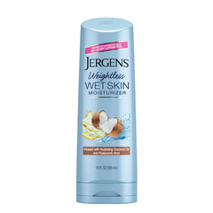 Jergens Wet Skin Lotion bottle pouring coconut oil for shower-time hydration