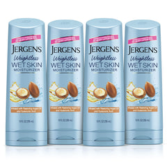 Jergens Wet Skin Moisturizer bottle in shower for non-greasy hydration.