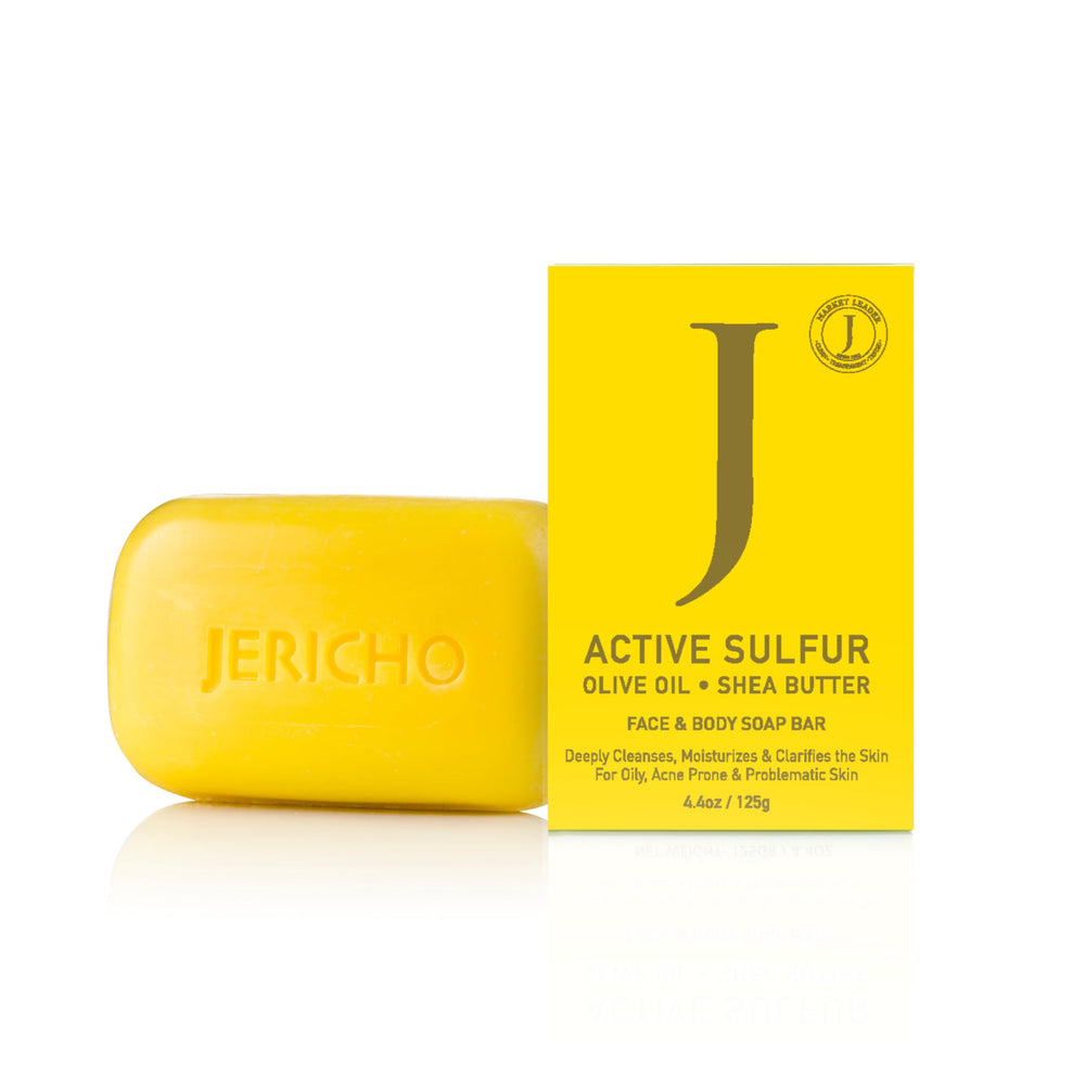 Jericho Dead Sea Sulfur Soap with Olive Oil bar – deep cleansing for clearer pores and balanced skin.