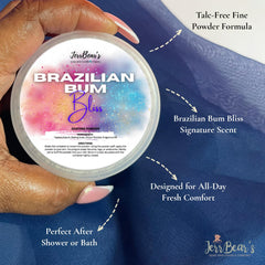 JerrBear’s Brazilian Bum Bliss powder offers all-day freshness with a light, dry finish.