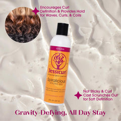 Close-up of spiraled curls defined with Jessicurl Spiralicious gel.