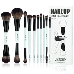 Jessup 10pc makeup brush set with duo-ended foundation brush for versatile application.