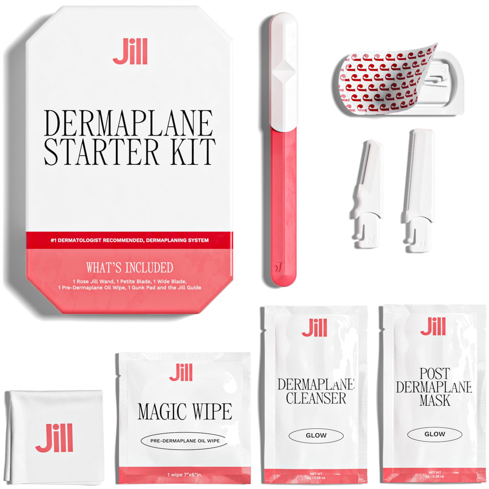 Jill Dermaplane Kit Rose packaging showing compact all-in-one setup for home use.