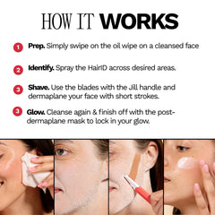Applying JILL Hair Identifying Spray to clean skin before shaving