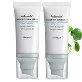 JISKG Centella Sunscreen SPF50+ bottle on beach provides reliable UV protection.