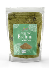 Jiva Organics Brahmi Powder en frasco, ideal para cuidado capilar y brillo natural.