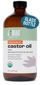 J Mac Botanicals castor oil in a glass bottle for pure skin care.
