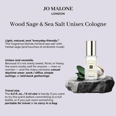Close view of Jo Malone Wood Sage & Sea Salt mini sample packaging for trial