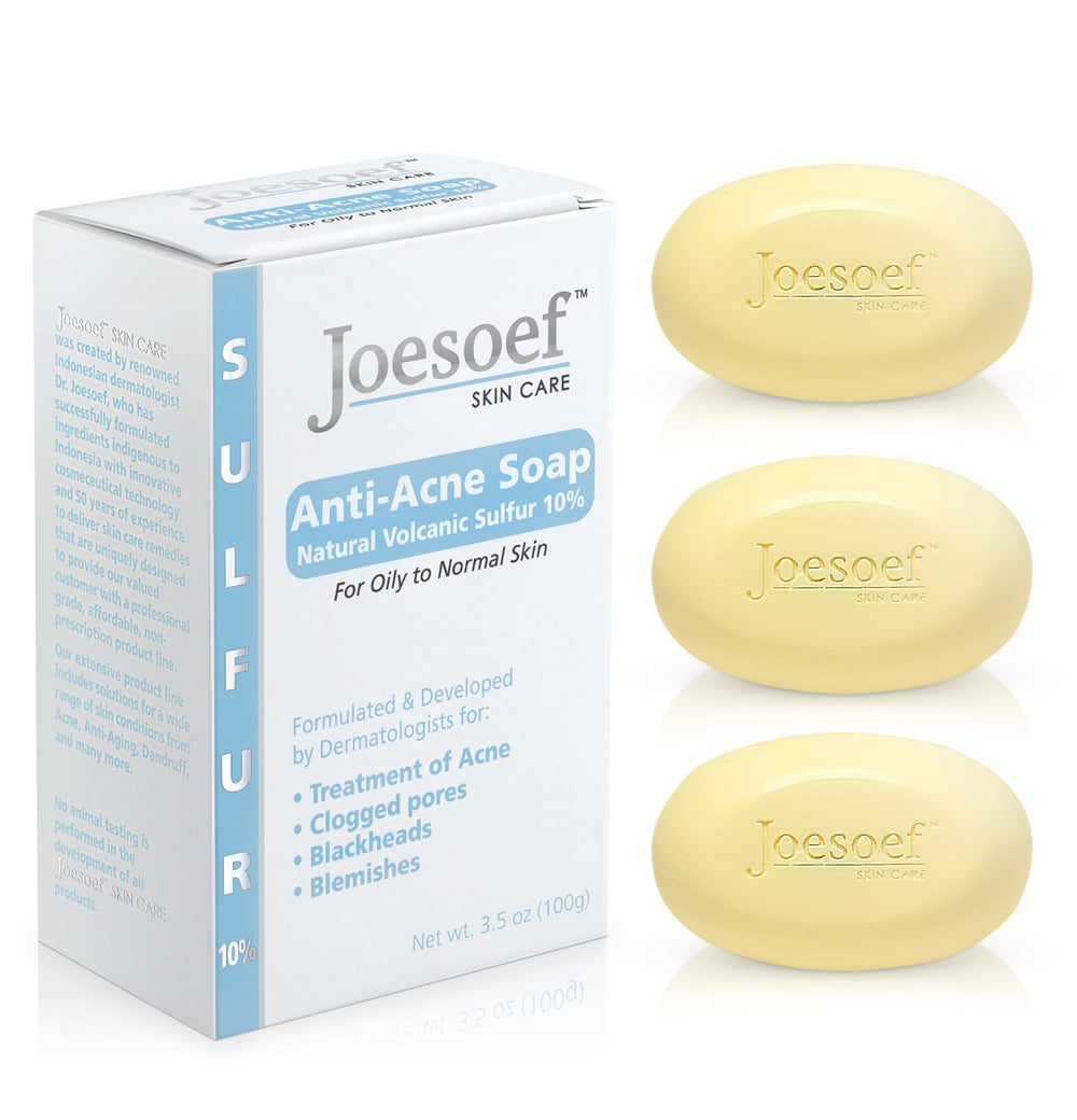 Joesoef Anti-Acne Soap bar with volcanic sulfur for clearer-looking pores.