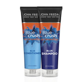 John Frieda Blue Crush champú, botella azul, tono castaño más frío