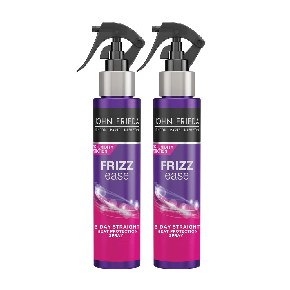 Botella de John Frieda Frizz Ease con protección de calor para un peinado liso.