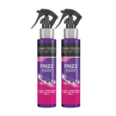 Botella de John Frieda Frizz Ease con protección de calor para un peinado liso.