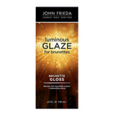 John Frieda Brilliant Brunette Luminous Glaze bottle showcasing gloss benefits for brunette hair.