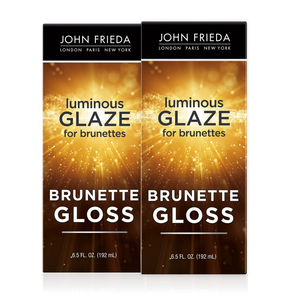 John Frieda Brilliant Brunette Luminous Glaze bottle shows rich color and radiant shine.