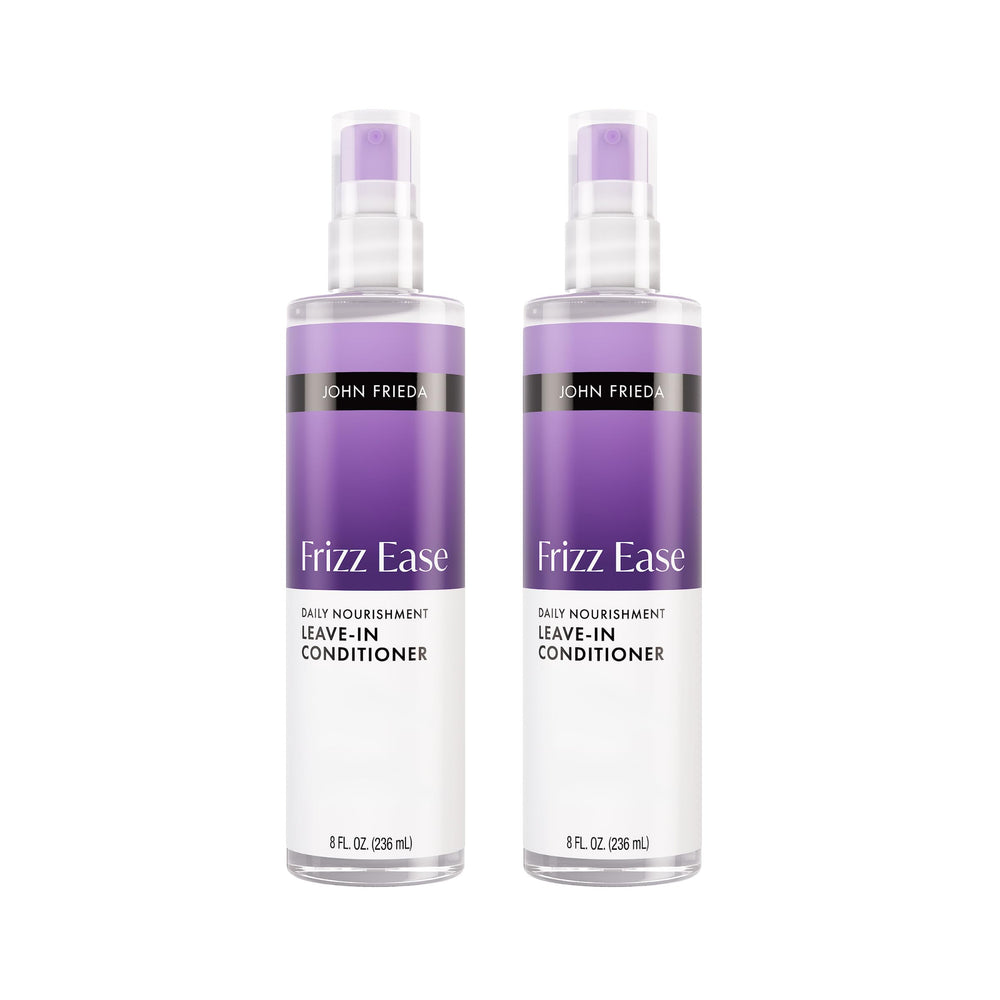 John Frieda Frizz Ease Daily Nourishment Leave-In Bottle shows detangling and frizz control benefits.