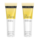 John Frieda Go Blonder shampoo bottle highlights citrus blend for gradual blonde brightening