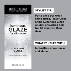 John Frieda Luminous Glaze smooth hair close-up highlighting pore-filling texture.