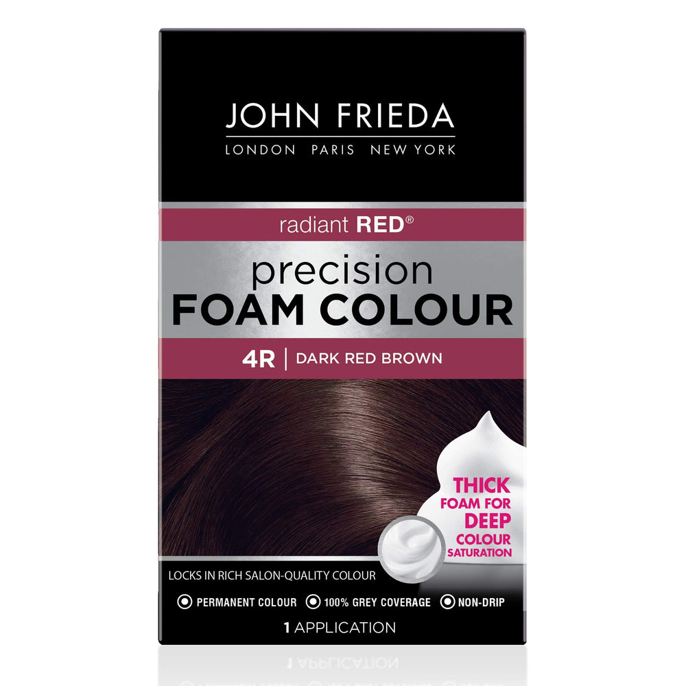 John Frieda Precision Foam Colour 4R bottle shows mess-free application benefits