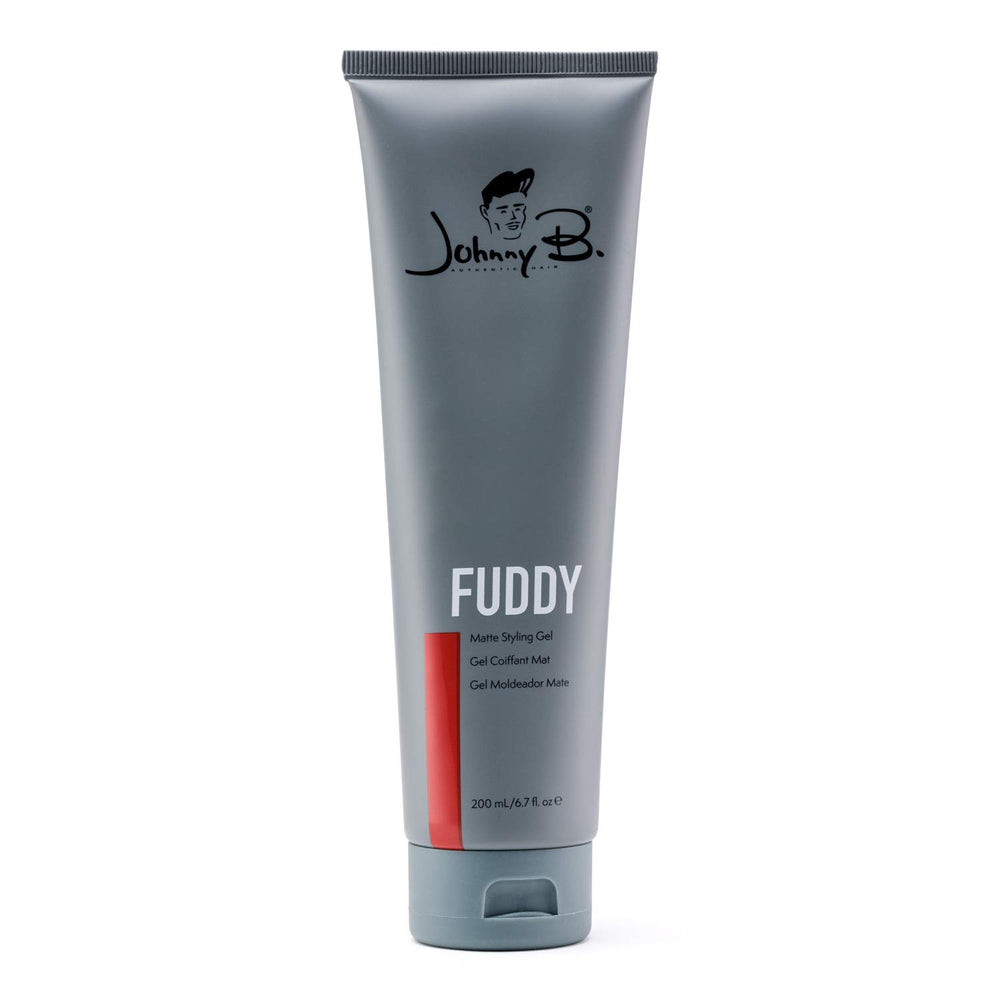 Johnny B. Fuddy strong matte gel bottle for professional styling and firm hold.
