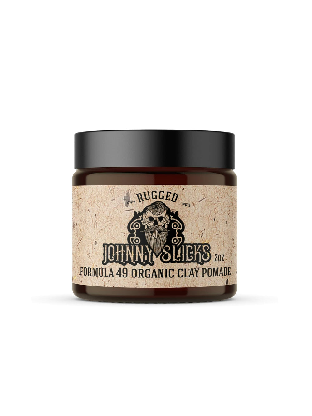 Johnny Slicks Formula 49 clay jar shows rugged matte hold and organic formula.