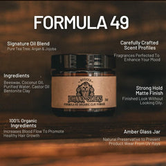 Johnny Slicks Formula 49 clay tin highlights portable styling with strong hold.