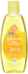 Champú para bebé Johnson & Johnson en frasco frontal, lavado suave sin irritación ocular.