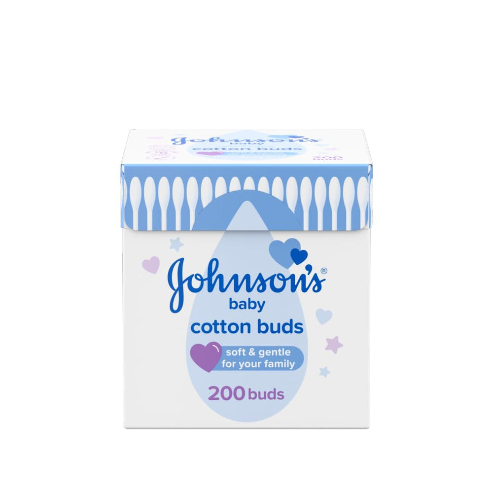 Johnson's Baby Cotton Buds packaging close-up showing pure cotton tips for gentle cleaning.