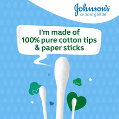 Johnson's Baby Cotton Buds soft tip close-up for precise, gentle cleaning around eyes.