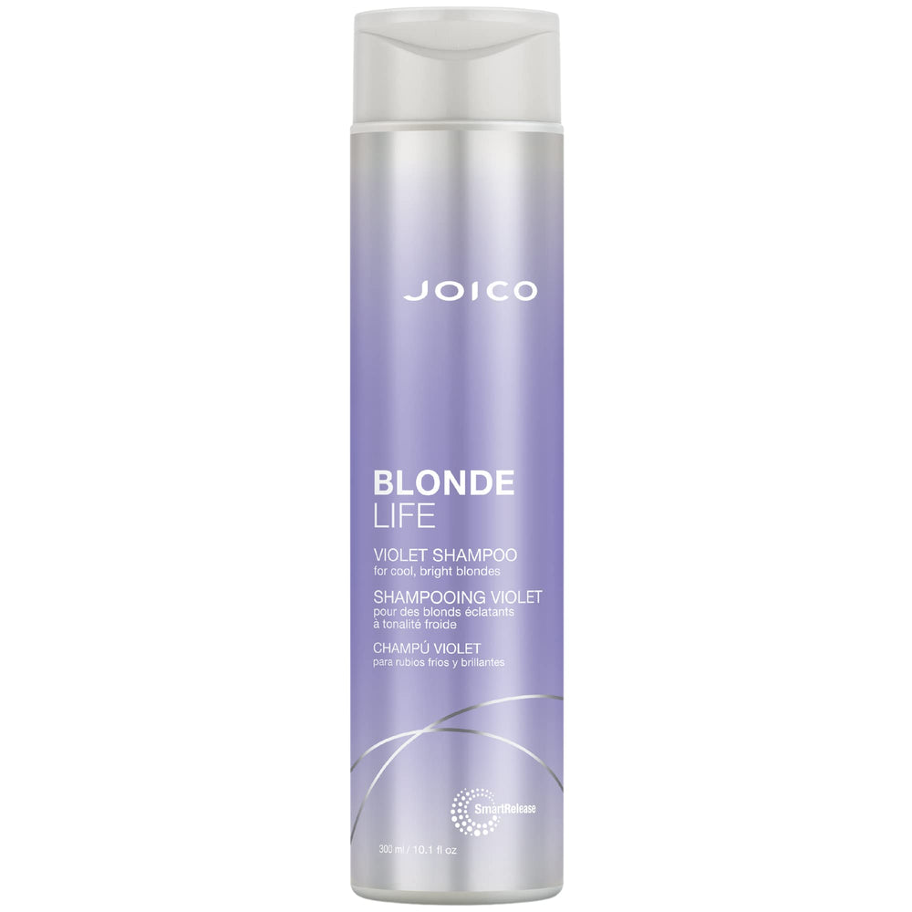 Joico Blonde Life Violet Shampoo bottle shows sleek design and brassy-tone neutralizing potential