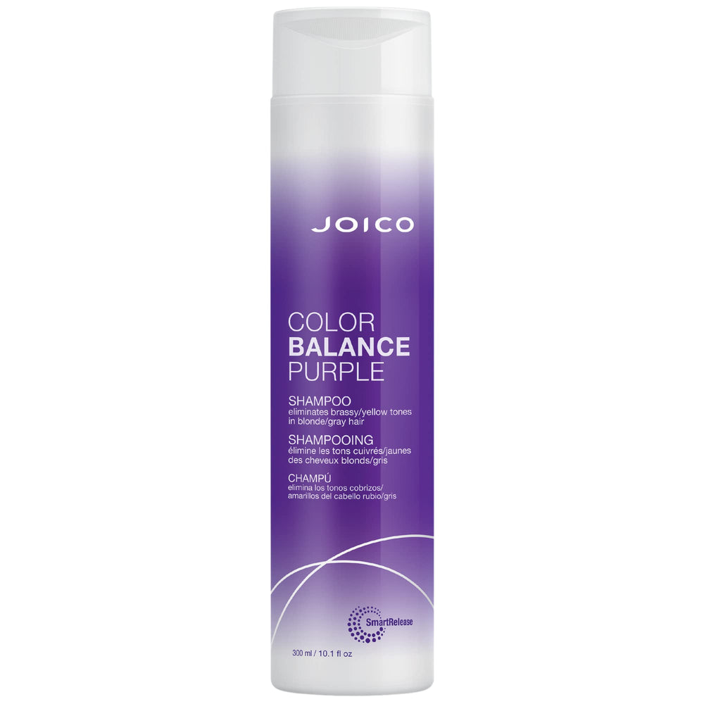 Joico Color Balance Purple Shampoo bottle neutralizes brass for cool blondes and silvery hair.