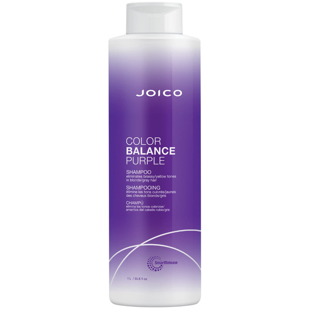 Joico Color Balance Purple Shampoo bottle shows neutralizing brass and boosting cool tones.