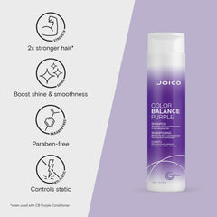 Joico Color Balance Purple Shampoo foam close-up shows cleansing shine and smoother hair.
